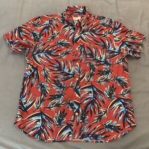Red Blue Leaf Print Button Up Short Sleeve Men's Large Stretch Casual Party